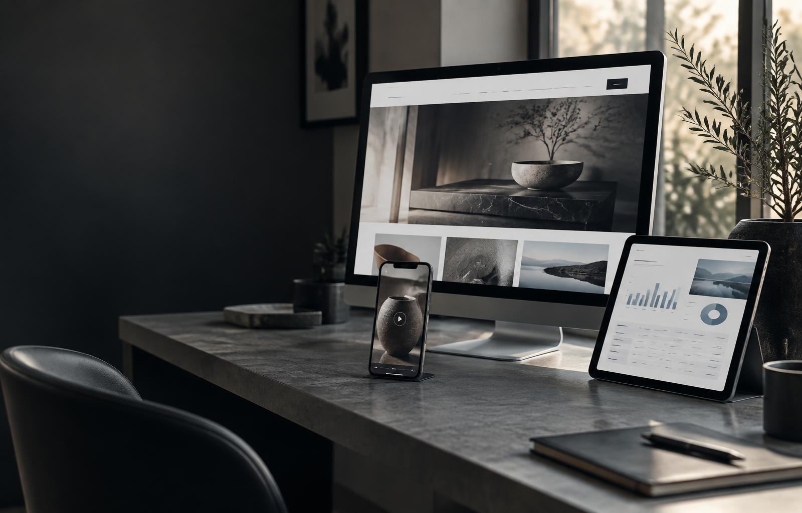 Modern business website, promotional video and dashboard displayed across three devices