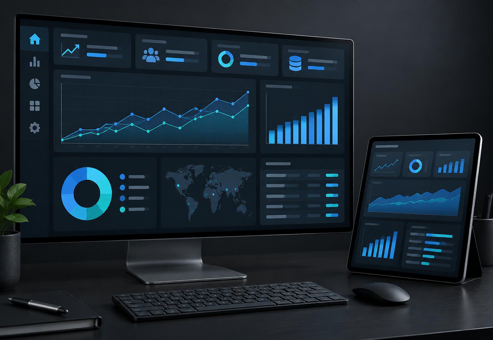 Business dashboard interface displaying charts, indicators and tables