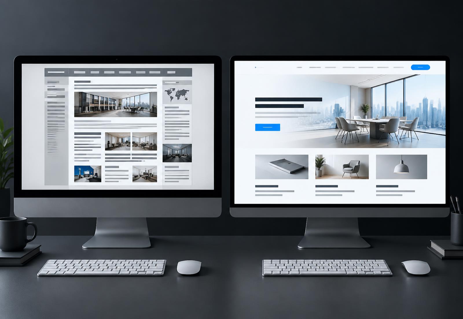 Dated website contrasted with a redesigned modern website