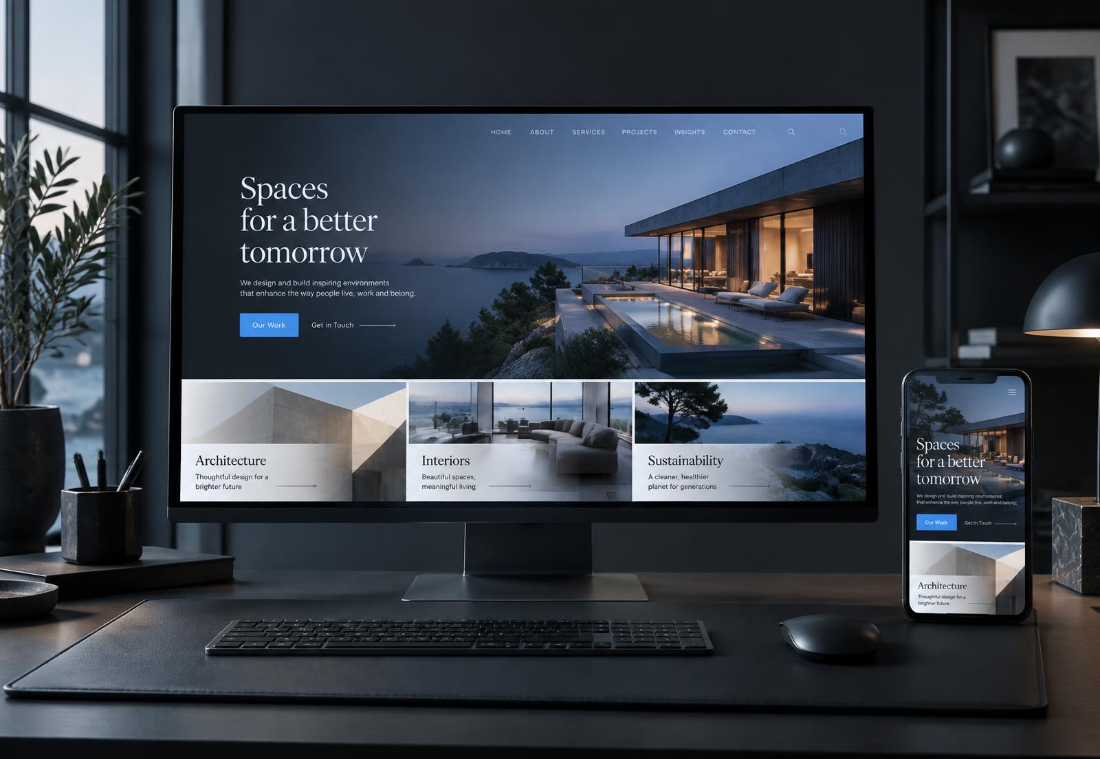 Desktop and mobile screens displaying a modern business website